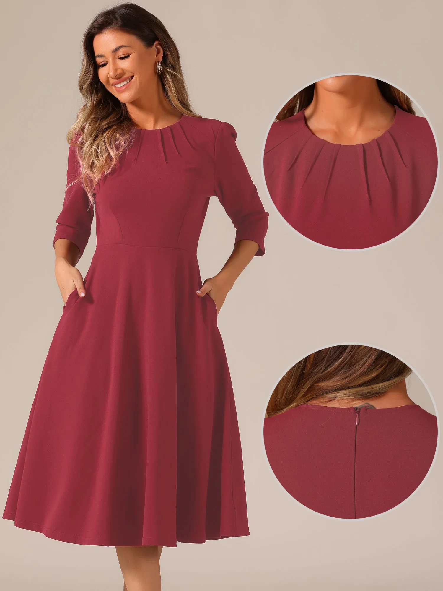 3/4 Sleeve Pleated Round Neck Pocketed A-Line Swing Midi Dress sold by Allegra K product image thumbnail 2