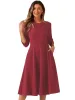 3/4 Sleeve Pleated Round Neck Pocketed A-Line Swing Midi Dress sold by Allegra K