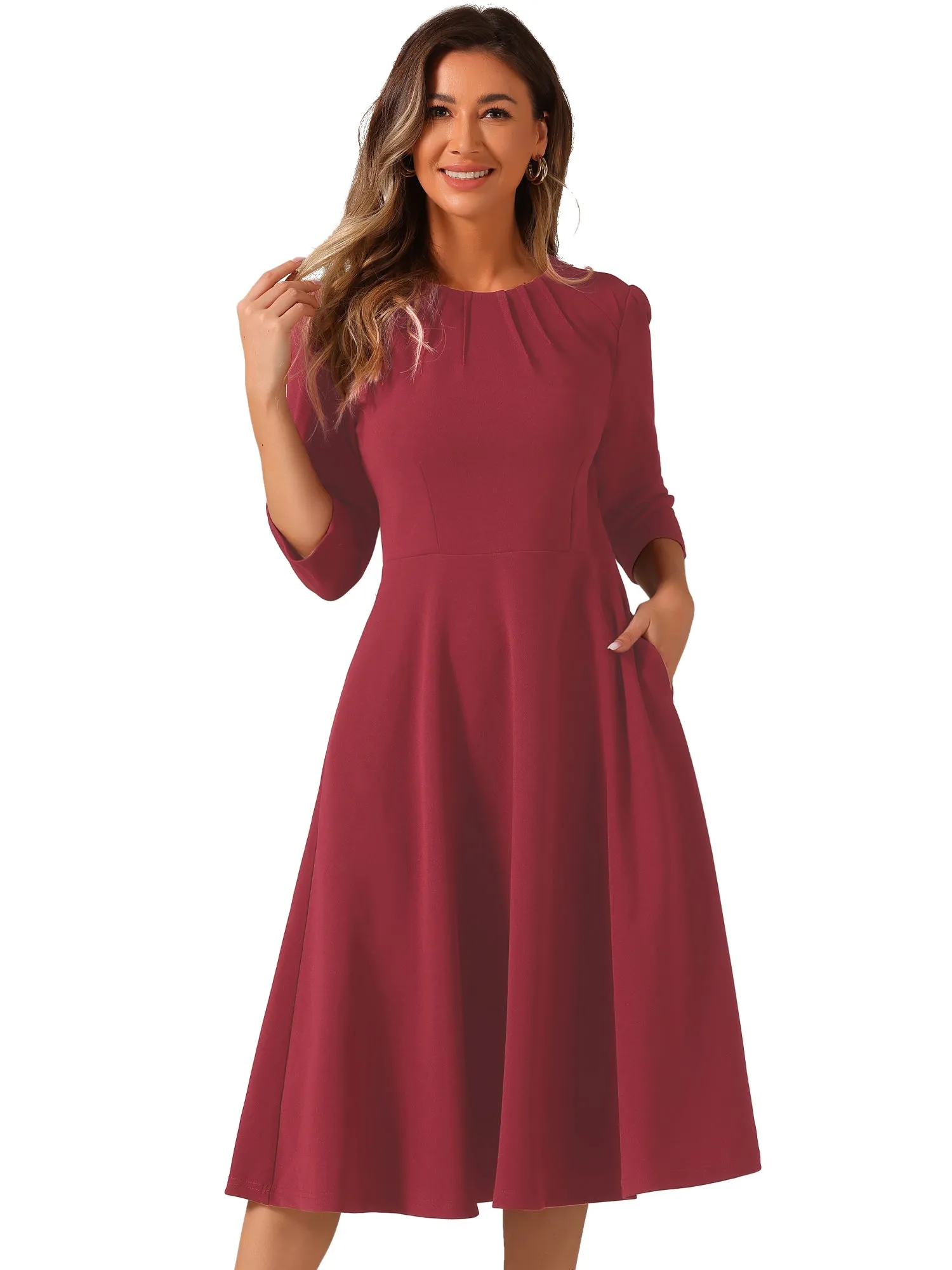 3/4 Sleeve Pleated Round Neck Pocketed A-Line Swing Midi Dress sold by Allegra K product image thumbnail 5