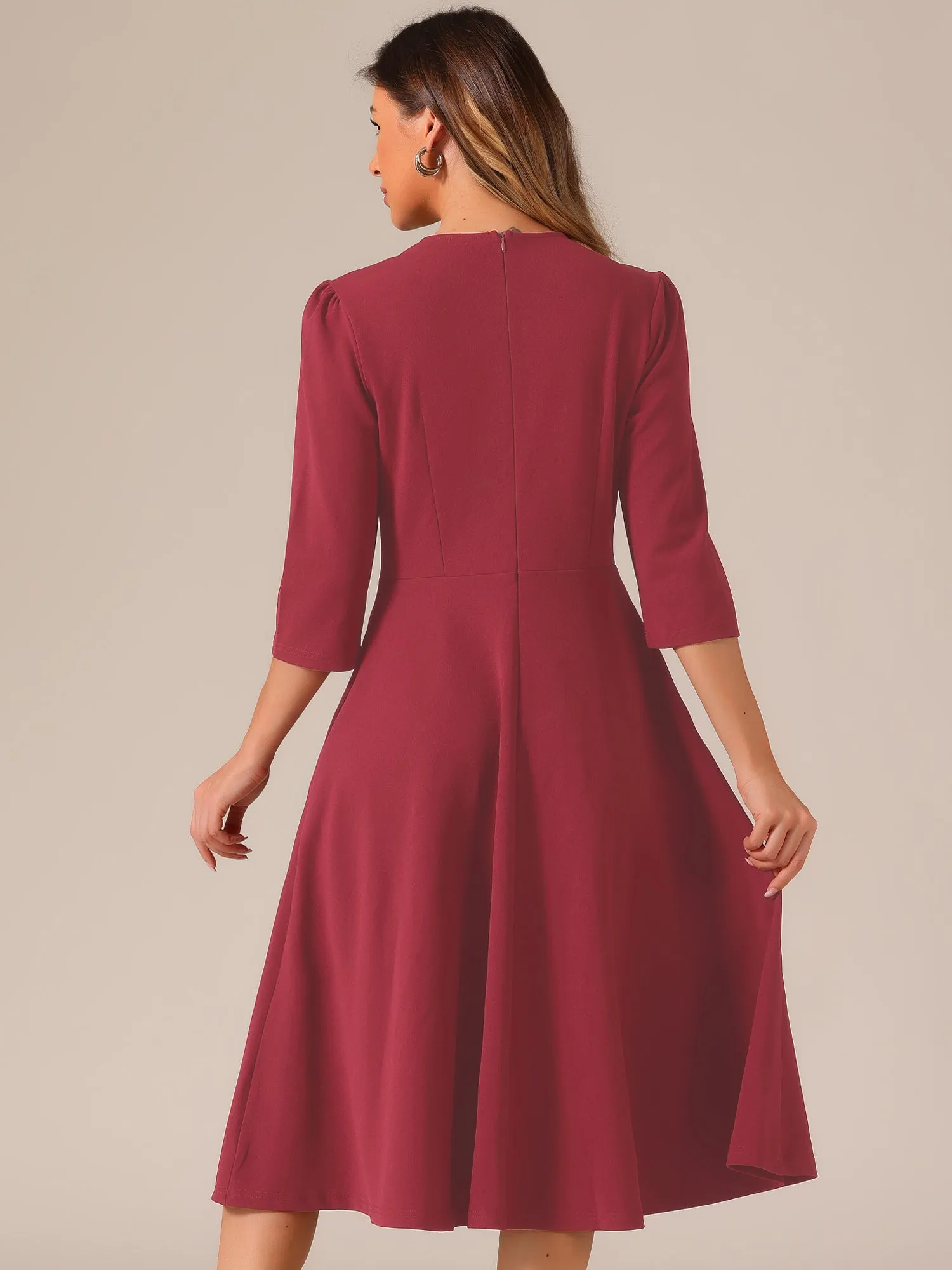 3/4 Sleeve Pleated Round Neck Pocketed A-Line Swing Midi Dress sold by Allegra K product image thumbnail 3