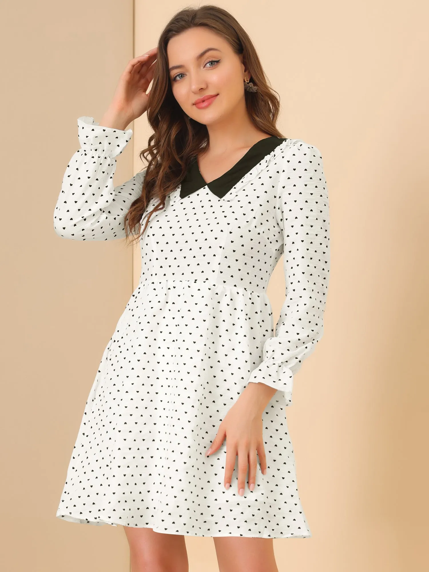 Heart Printed A-Line Contrast Collared Dress sold by Allegra K product image thumbnail 2