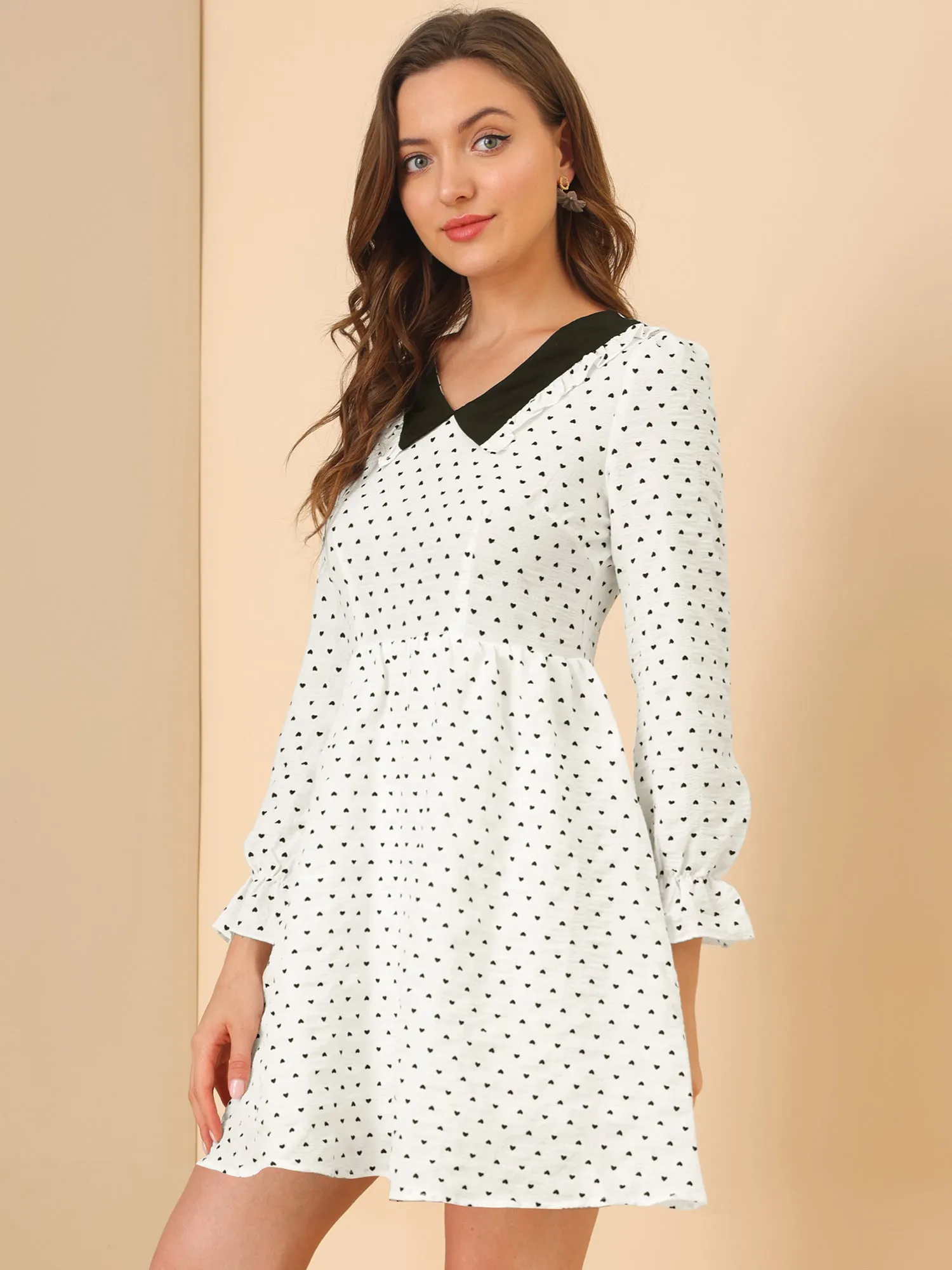 Heart Printed A-Line Contrast Collared Dress sold by Allegra K product image thumbnail 3