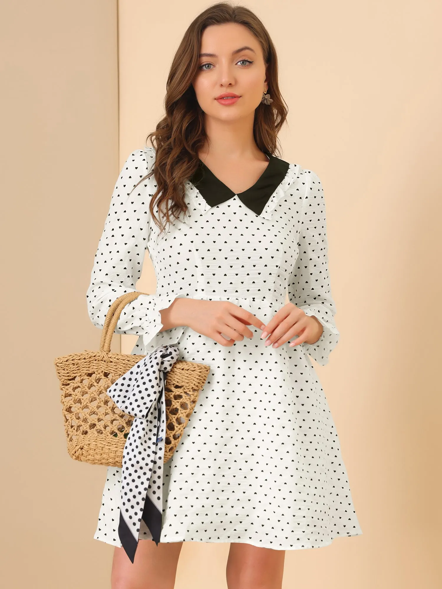 Heart Printed A-Line Contrast Collared Dress sold by Allegra K