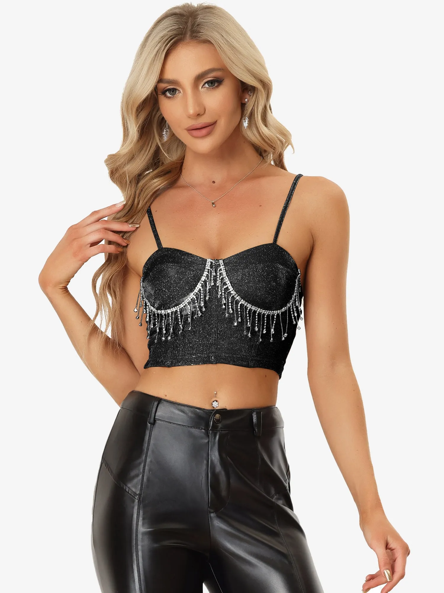 Glitter Strappy Crop Tank Tops Sparkle Deep V Sleeveless Tube Top sold by Allegra K