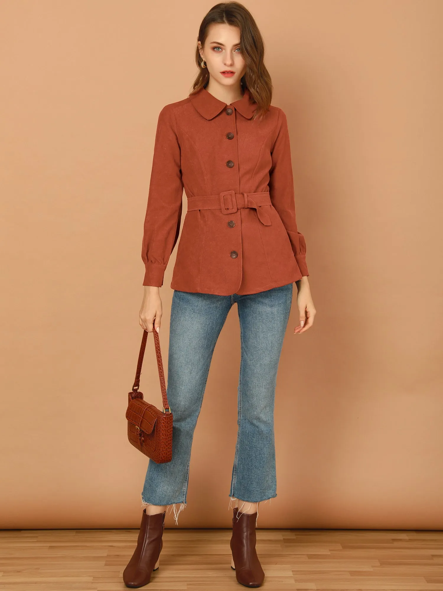 Coat with Belt Botton Down Collared Casual Retro Jacket sold by Allegra K