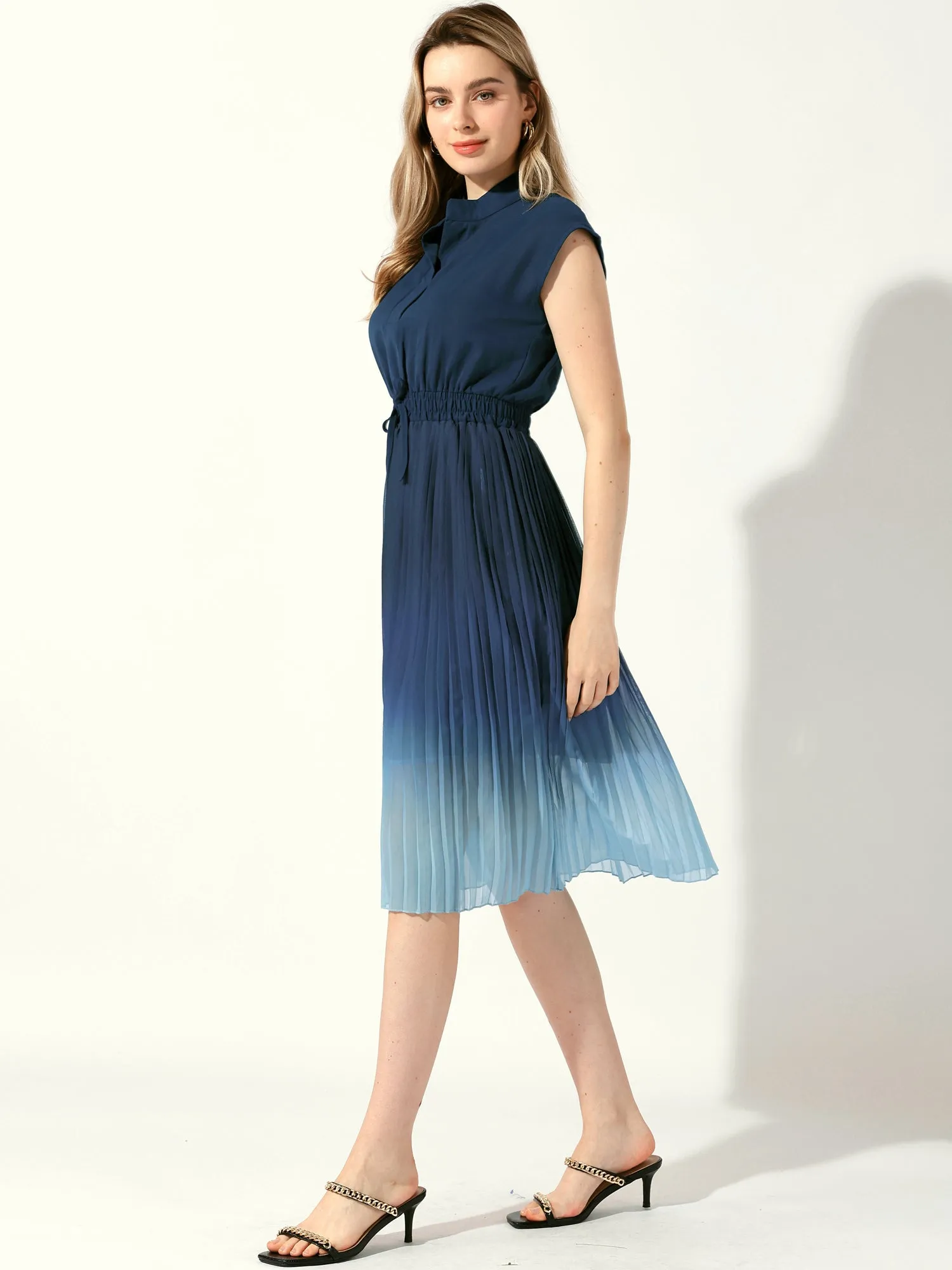 Sleeveless Notch Neck Smocked Waist Pleated Gradient A-Line Midi Dress sold by Allegra K product image thumbnail 2