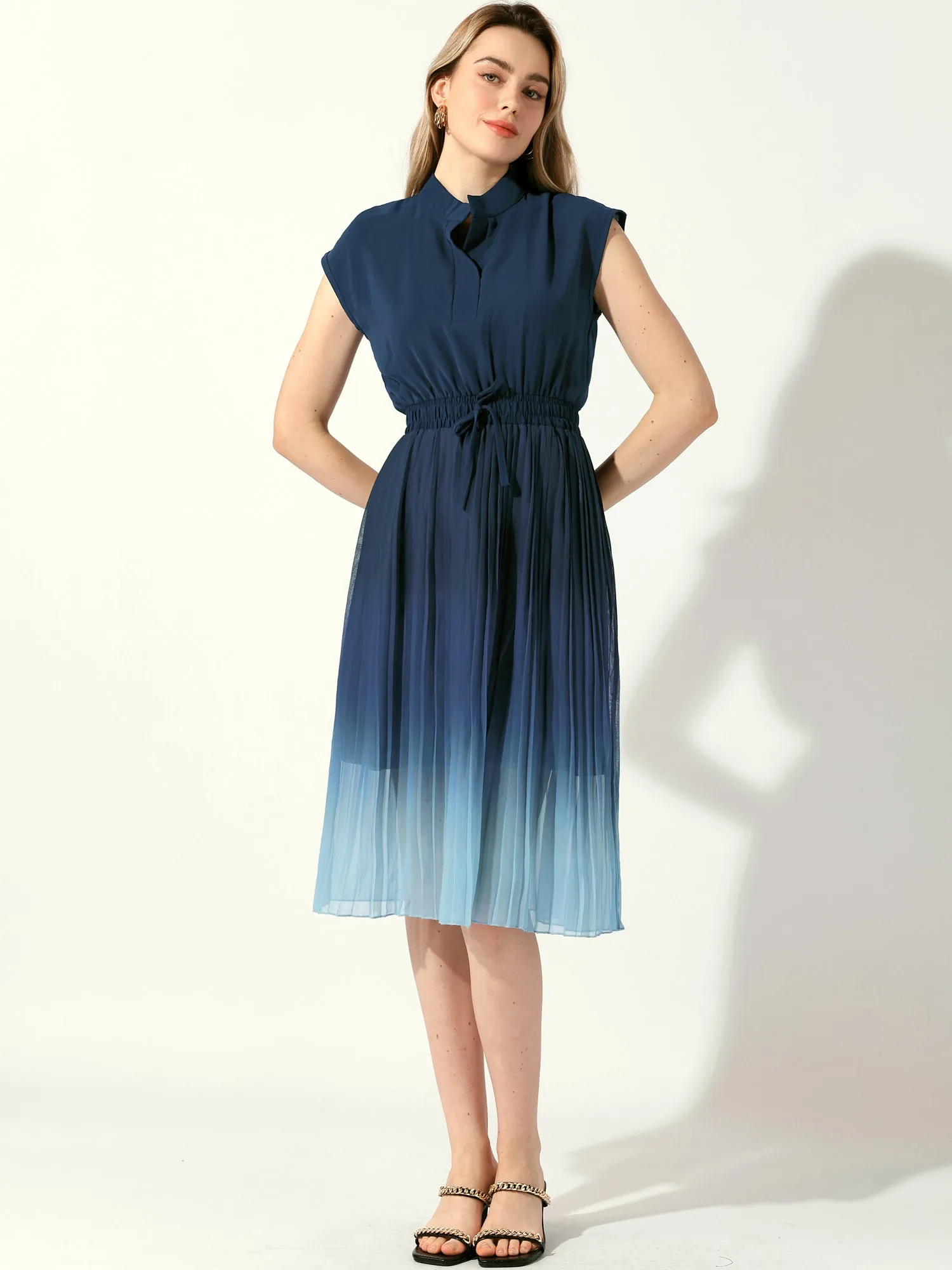 Sleeveless Notch Neck Smocked Waist Pleated Gradient A-Line Midi Dress sold by Allegra K