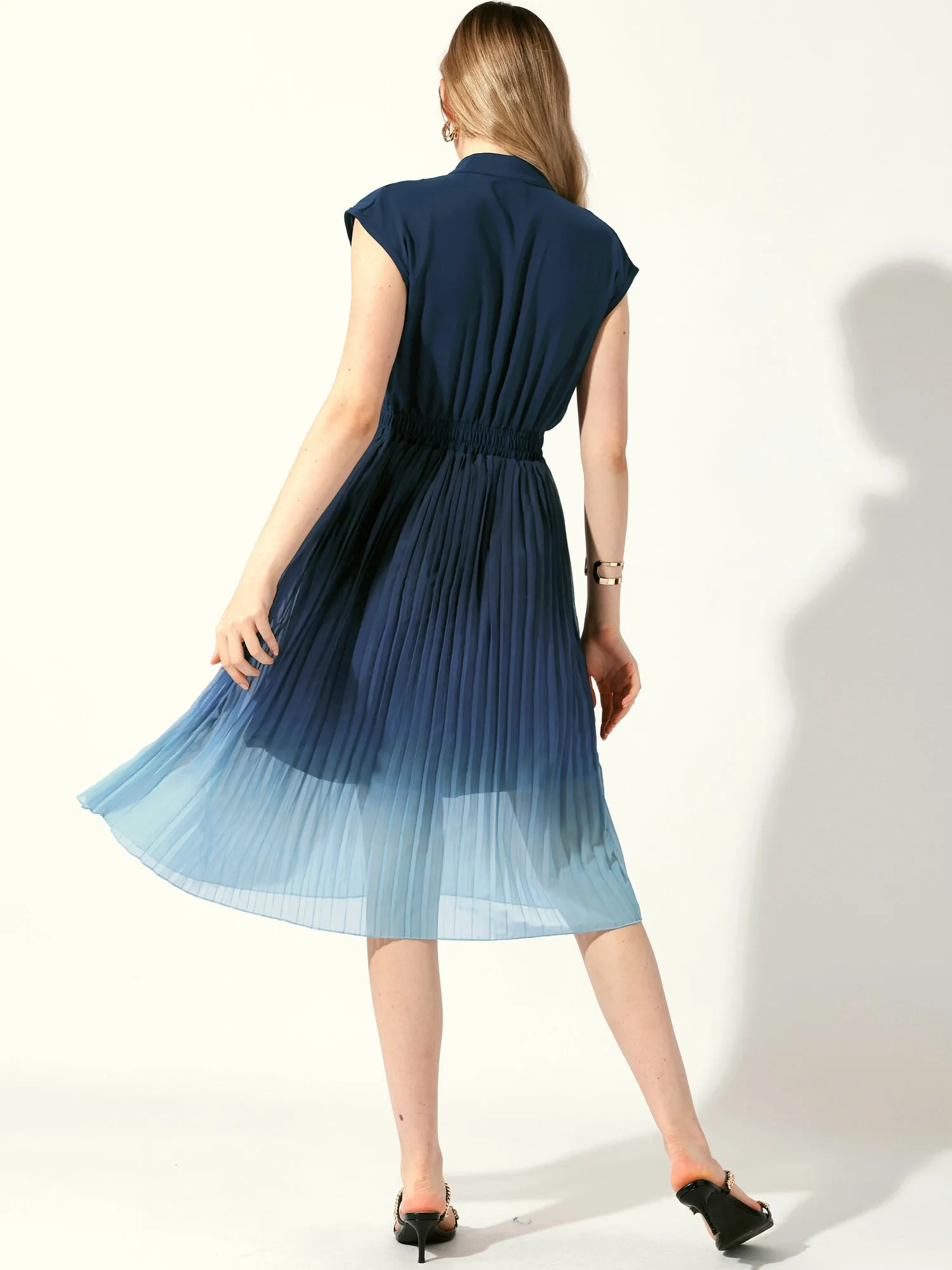 Sleeveless Notch Neck Smocked Waist Pleated Gradient A-Line Midi Dress sold by Allegra K product image thumbnail 3