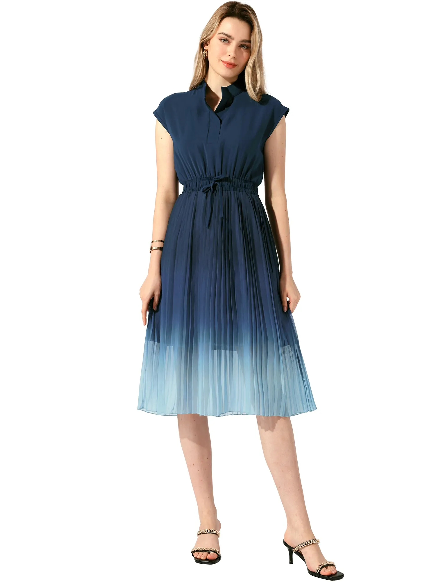 Sleeveless Notch Neck Smocked Waist Pleated Gradient A-Line Midi Dress sold by Allegra K product image thumbnail 4