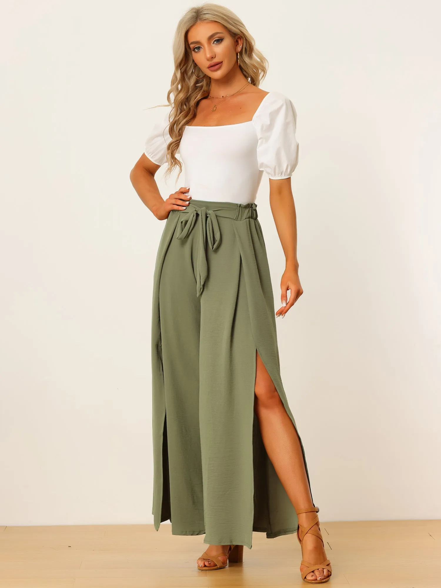 High Slit Hem High Waist Casual Wide Leg Long Palazzo Pants sold by Allegra K
