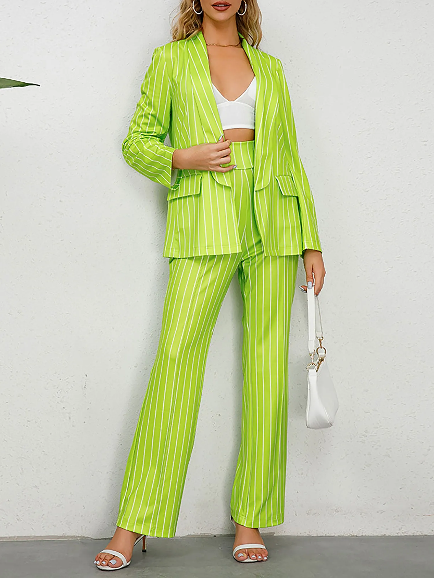 2 Pieces Shawl Collar Striped Long Sleeve Blazer & Straight Leg Pants Suit Sets sold by Allegra K product image thumbnail 3