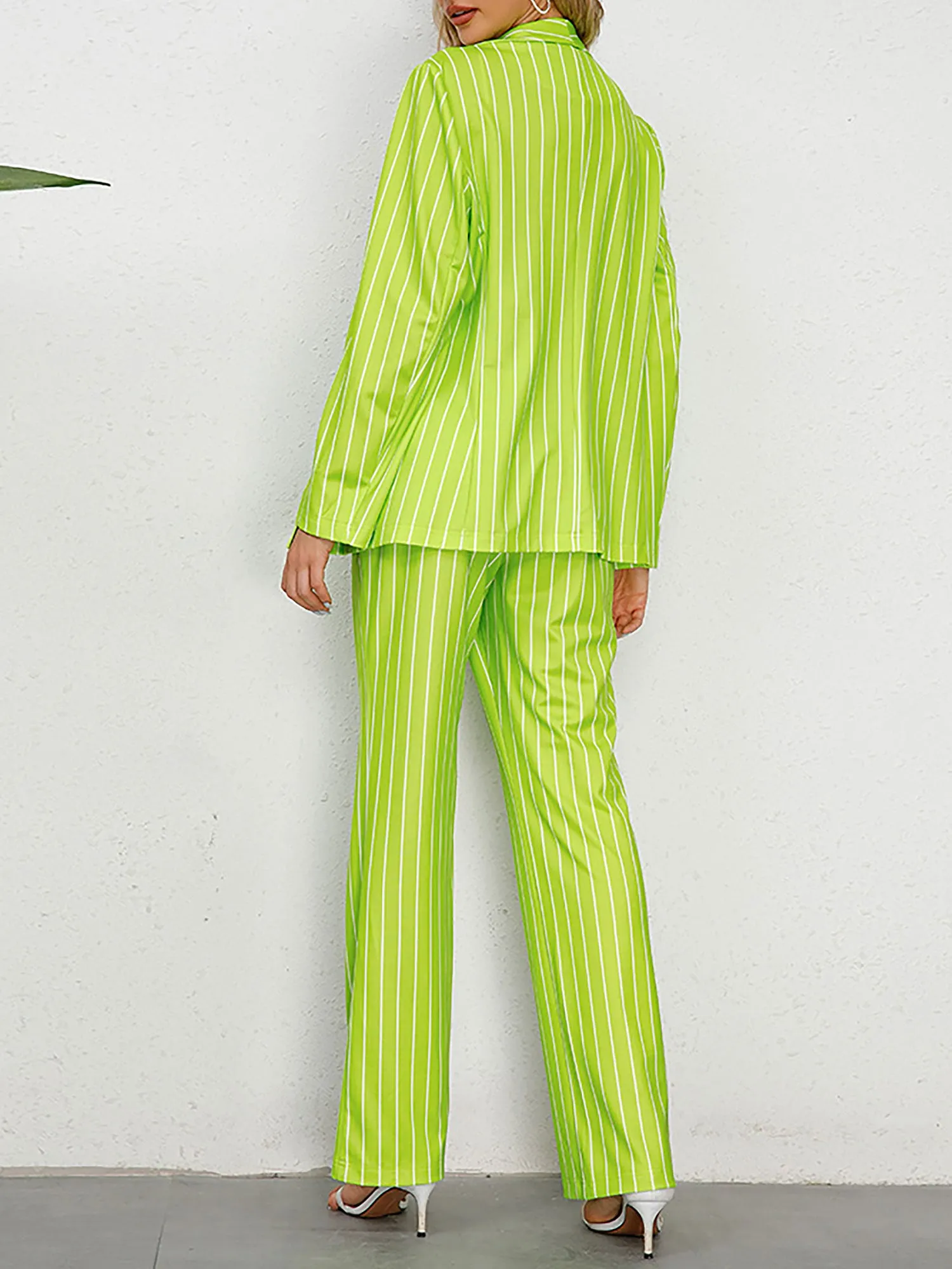 2 Pieces Shawl Collar Striped Long Sleeve Blazer & Straight Leg Pants Suit Sets sold by Allegra K product image thumbnail 2