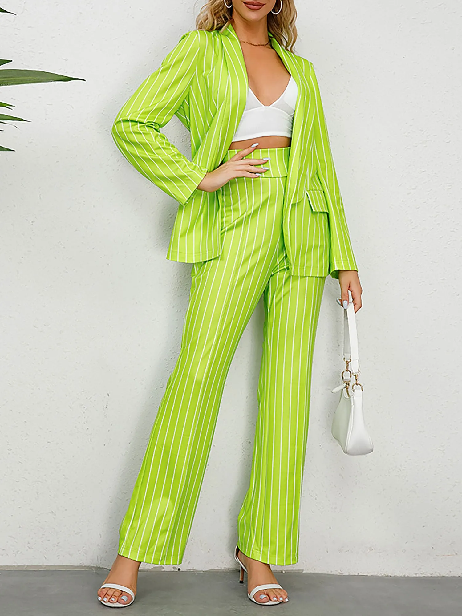 2 Pieces Shawl Collar Striped Long Sleeve Blazer & Straight Leg Pants Suit Sets sold by Allegra K