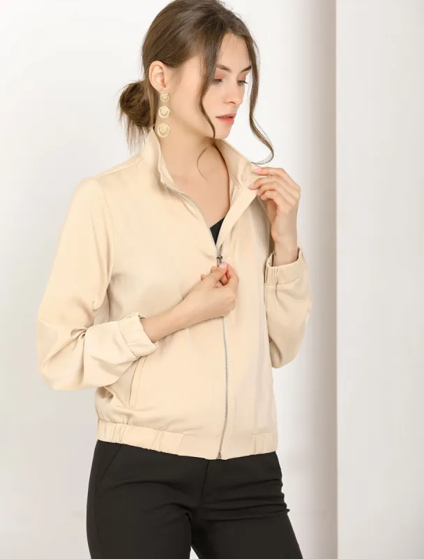 Ligheweight Stand Collar Pockets Full Zipper Front Bomber Jacket sold by Allegra K