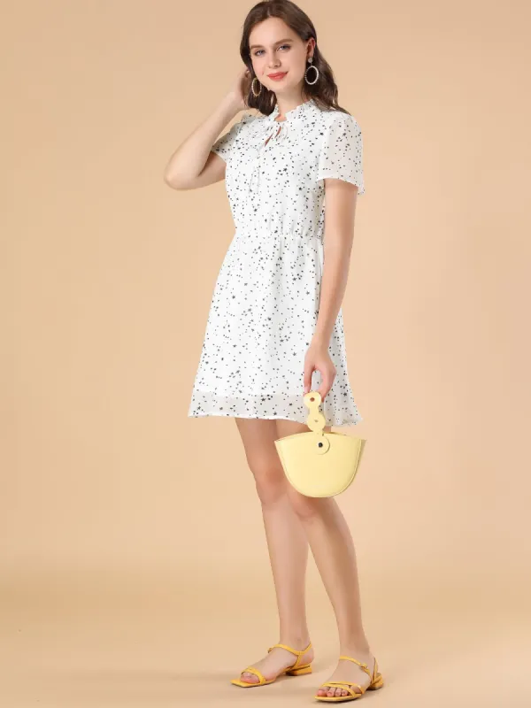 Chiffon Ruffle Tie Neck Gathering Flare Sleeve Stars Mini Dress sold by Allegra K