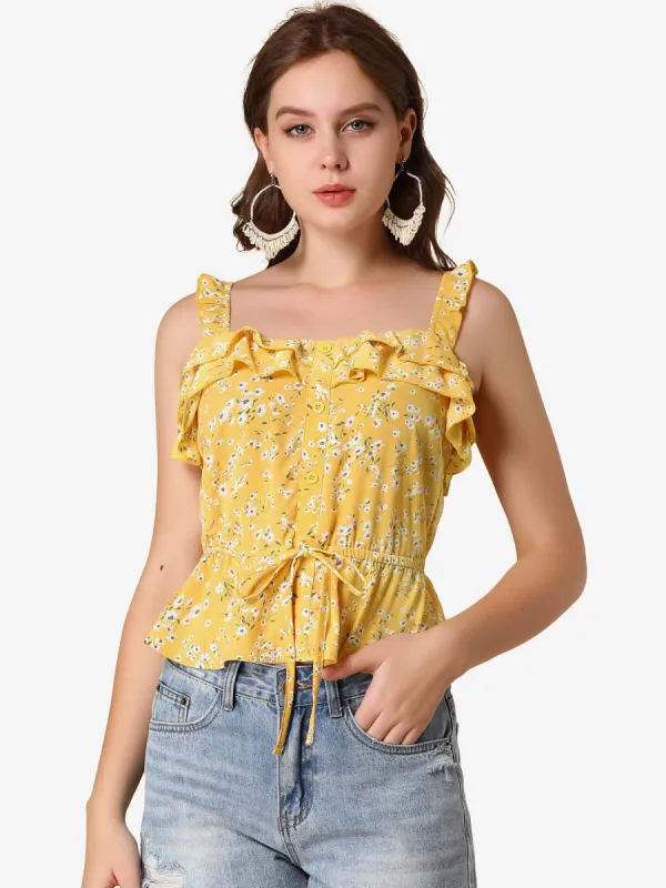 Floral Tie Waist Ruffled Strap Tank Top Peplum Blouse sold by Allegra K