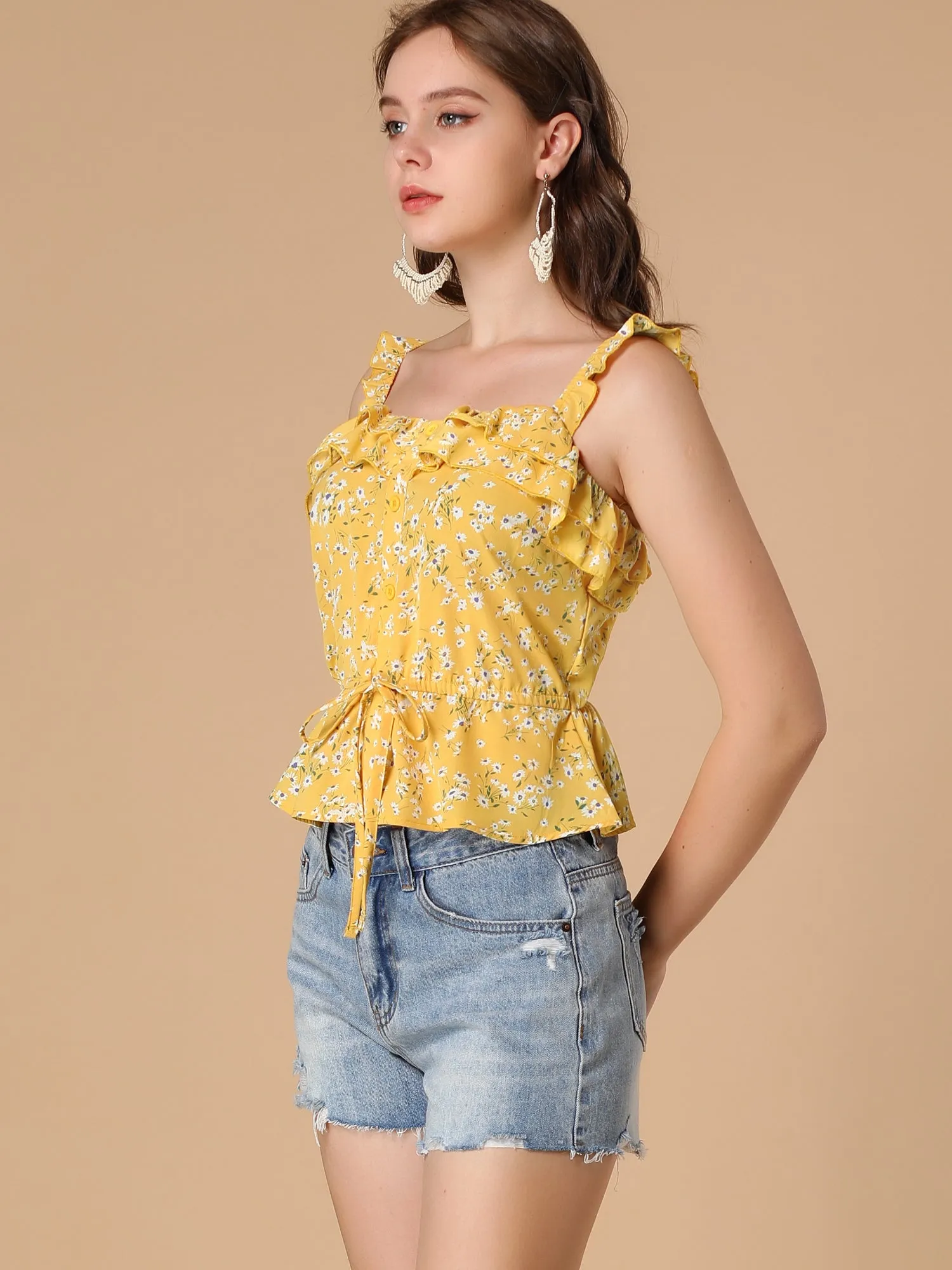 Floral Tie Waist Ruffled Strap Tank Top Peplum Blouse sold by Allegra K product image thumbnail 4