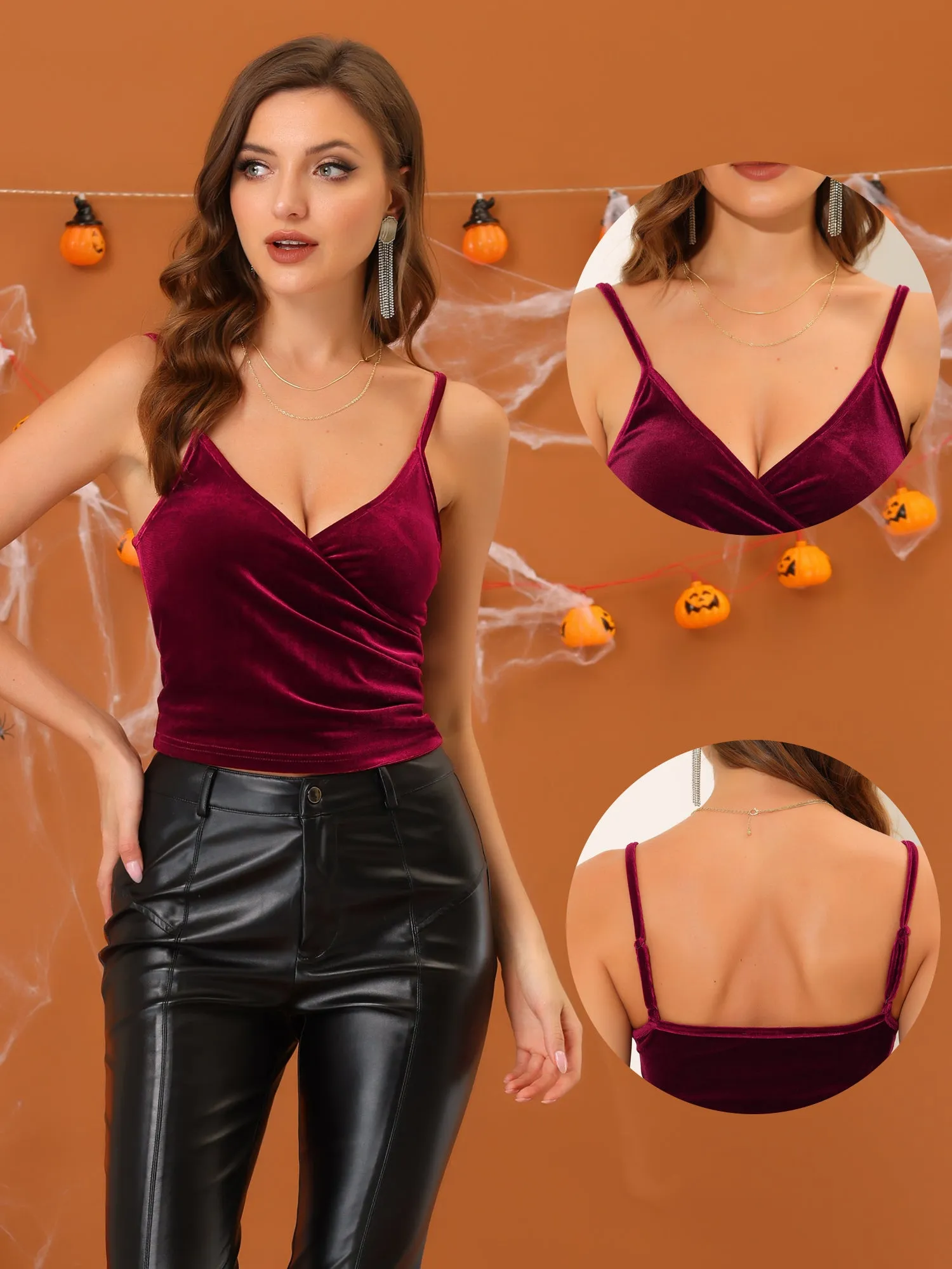 Wrap Crop Top Spaghetti Strap Velvet Cami Tops sold by Allegra K product image thumbnail 2