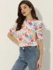 Ruffle Mock Neck Puff Half Sleeve Chiffon Floral Tops sold by Allegra K