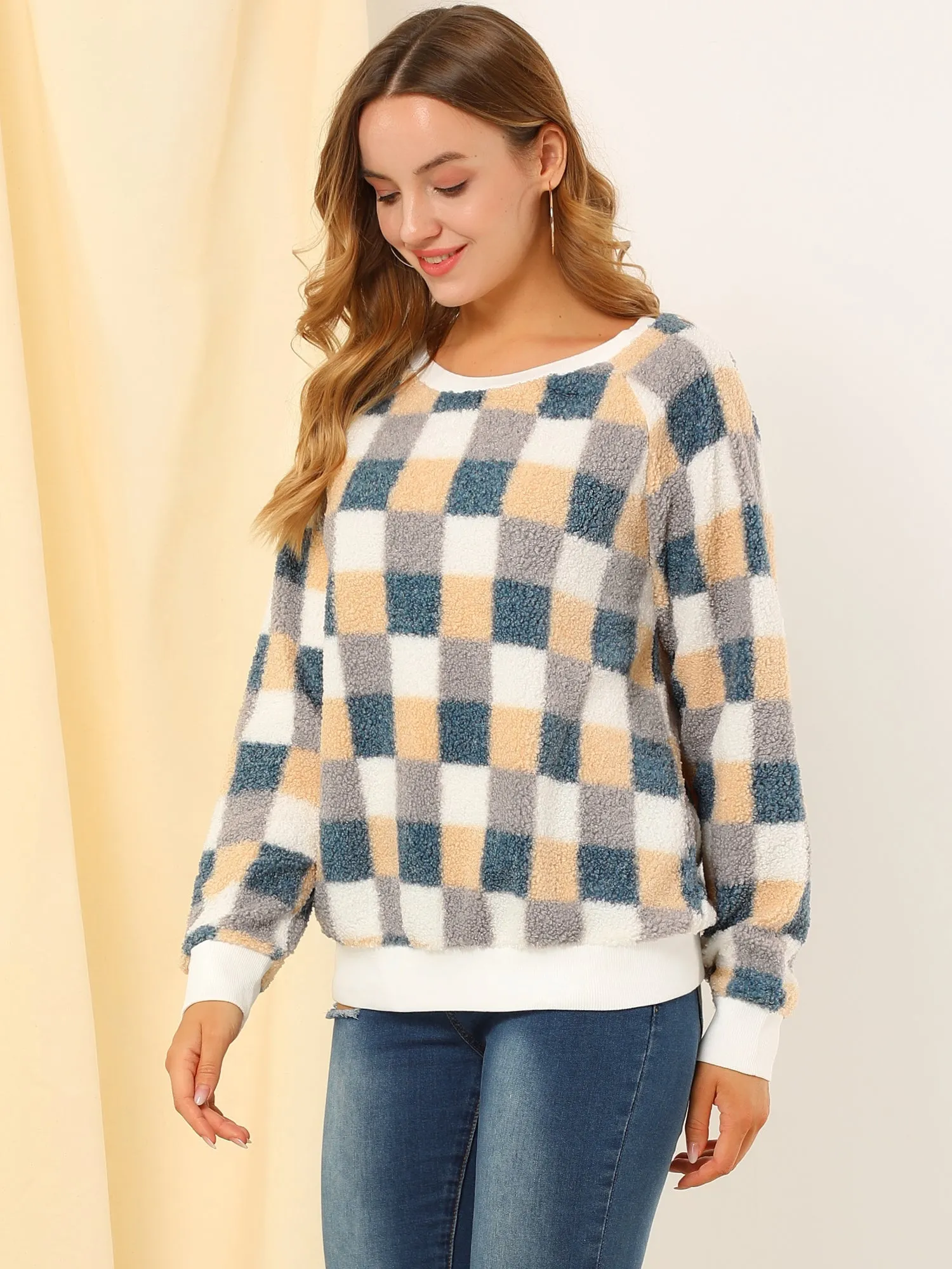 Plaid Long Sleeve Round Neck Pullover Sweater Blouse Top sold by Allegra K product image thumbnail 4