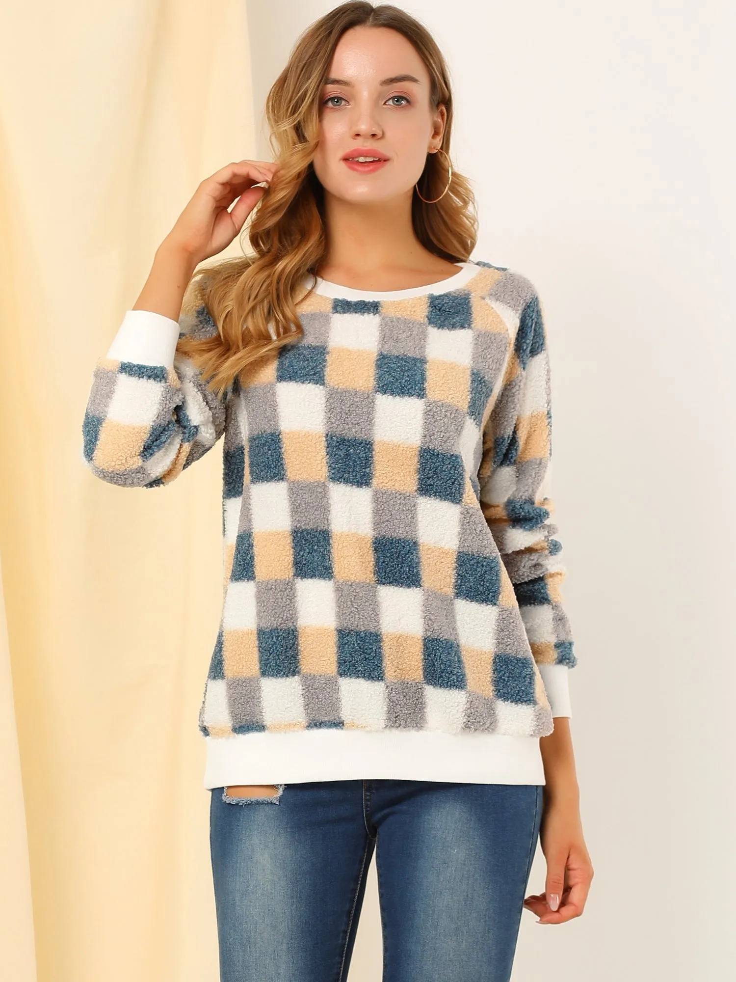 Plaid Long Sleeve Round Neck Pullover Sweater Blouse Top sold by Allegra K product image thumbnail 3