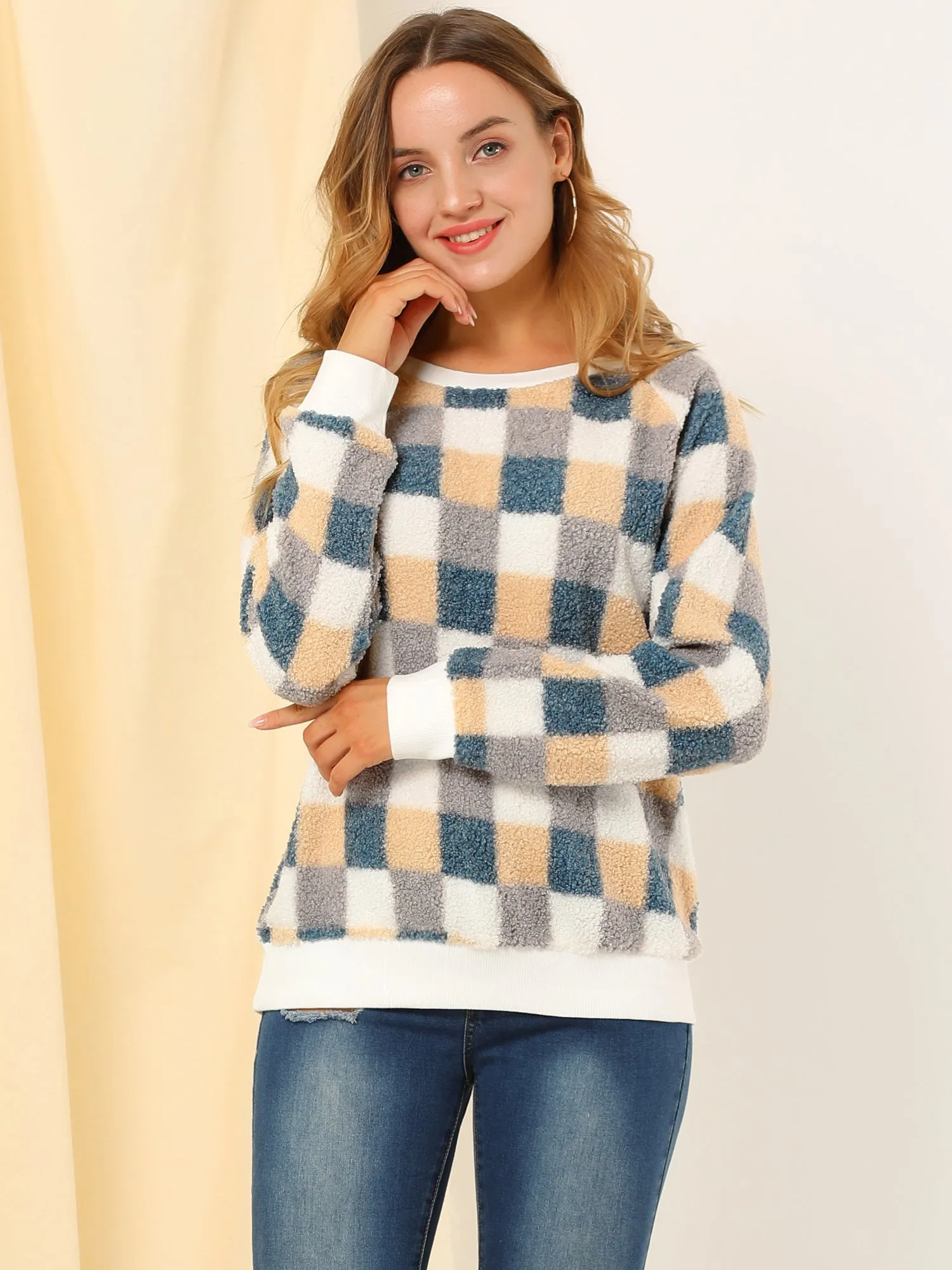 Plaid Long Sleeve Round Neck Pullover Sweater Blouse Top sold by Allegra K product image thumbnail 2