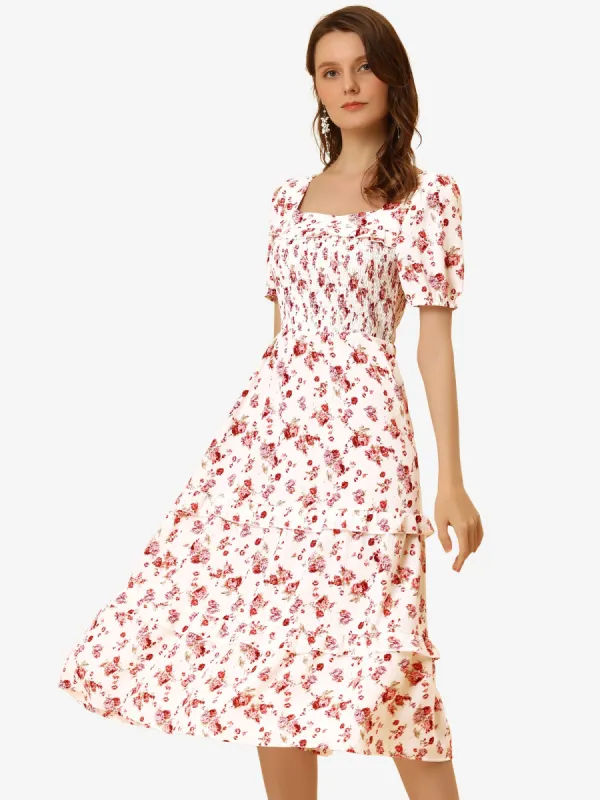 Floral Square Neck Smocked Ruffle Summer Midi Dress sold by Allegra K