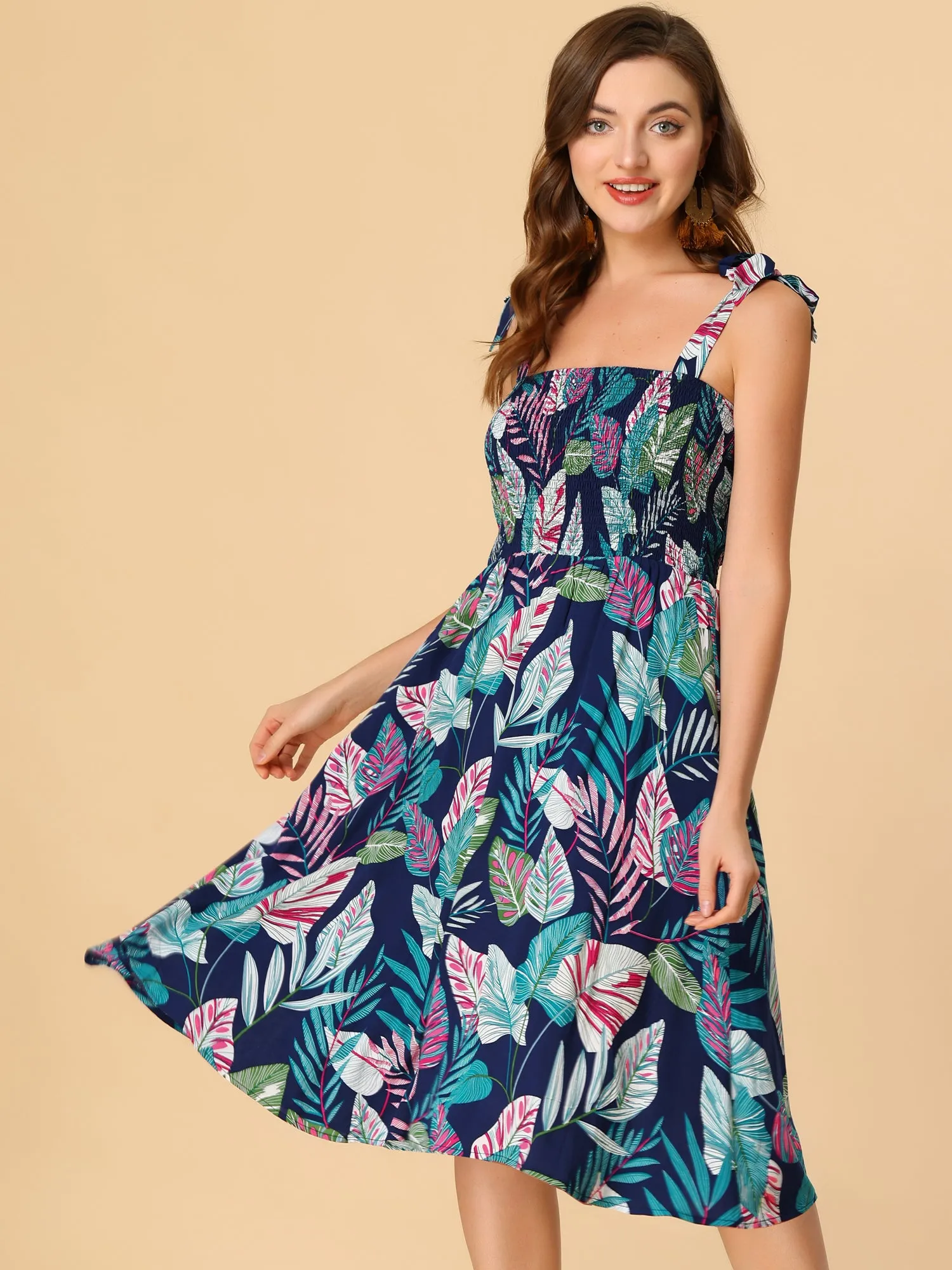 Smocked Print Adjustable Spaghetti Strap Summer Dress Sundress sold by Allegra K