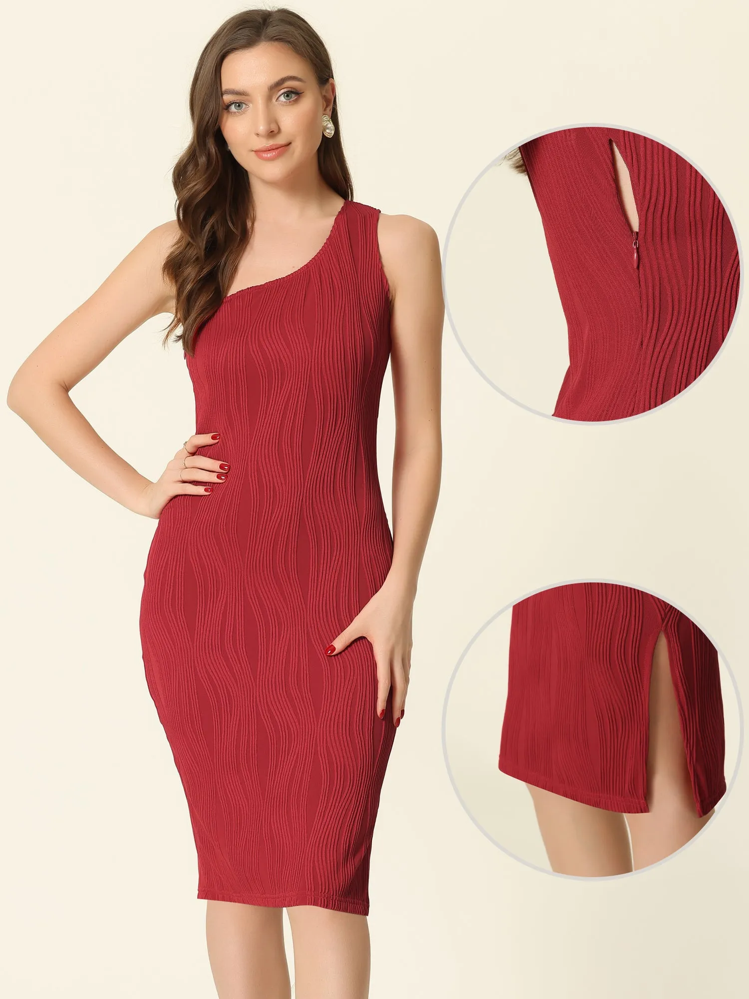 One Shoulder Textured Sleeveless Cocktail Bodycon Midi Dress sold by Allegra K product image thumbnail 2