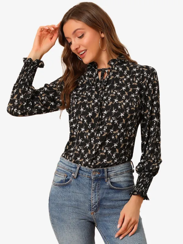 Vintage Floral Top Ruffled Collar Tie Neck Long Sleeve Peasant Blouse sold by Allegra K