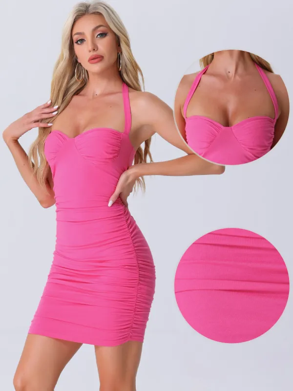 Sweetheart Halter Neck Ruched Backless Bodycon Mini Dress sold by Allegra K