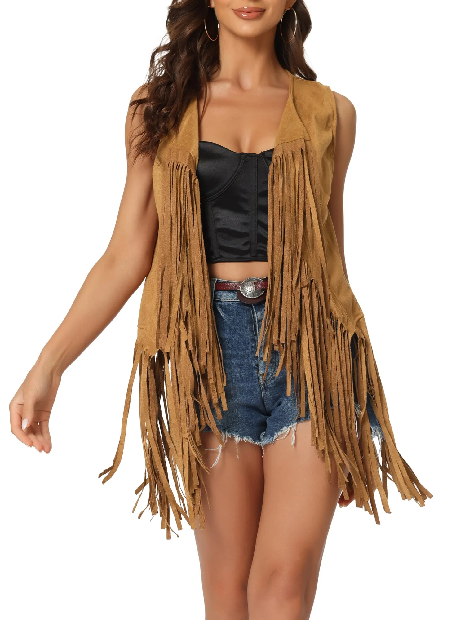 Faux Suede Tassel Casual Sleeveless Open Front Vest sold by Allegra K product image thumbnail 5