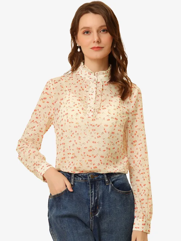 Ruffled Neck Long Sleeve Button Up Semi Sheer Chiffon Floral Shirt sold by Allegra K