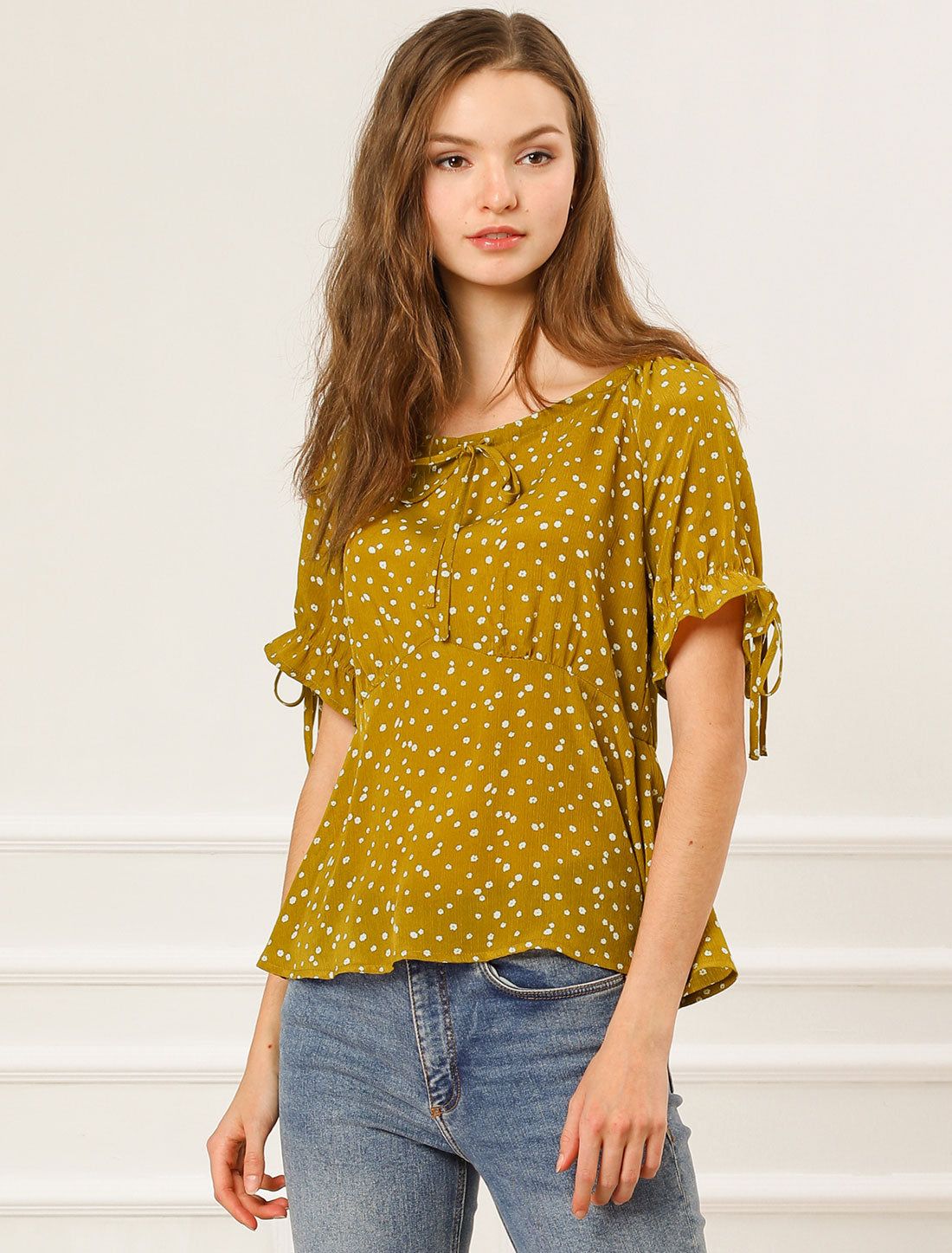 Ruffle Short Sleeve Casual Bow Tie Neckline Peplum Floral Blouse sold by Allegra K product image thumbnail 2