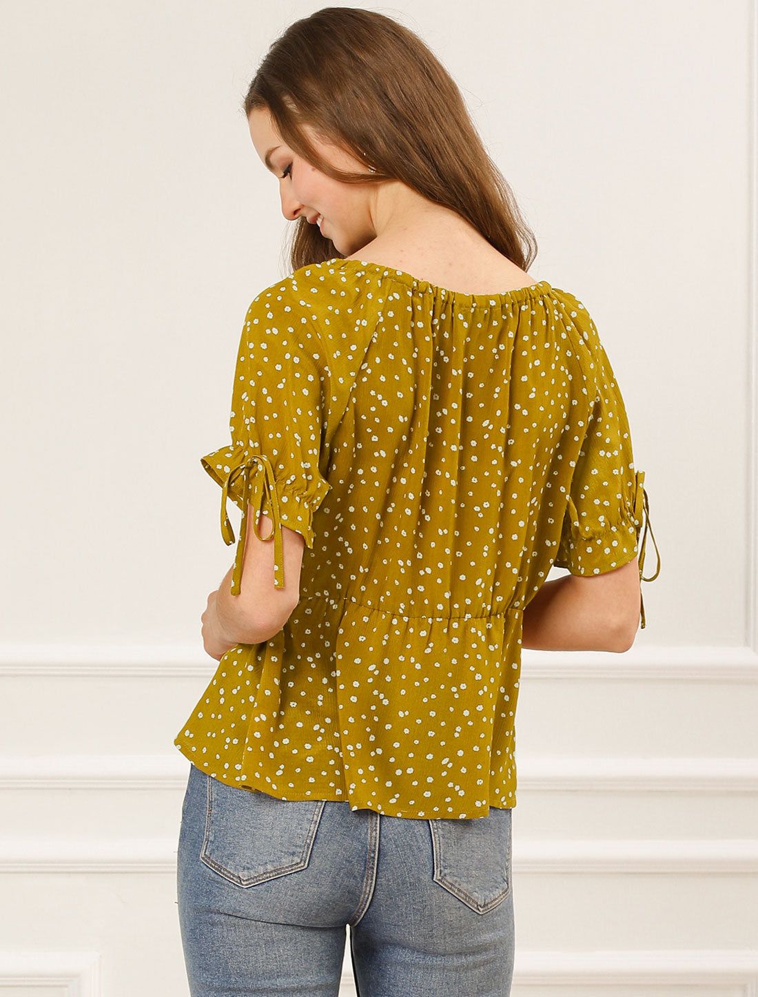 Ruffle Short Sleeve Casual Bow Tie Neckline Peplum Floral Blouse sold by Allegra K product image thumbnail 4