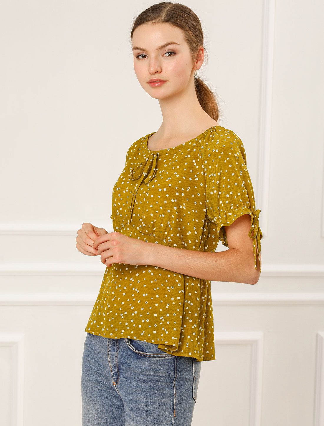 Ruffle Short Sleeve Casual Bow Tie Neckline Peplum Floral Blouse sold by Allegra K product image thumbnail 3