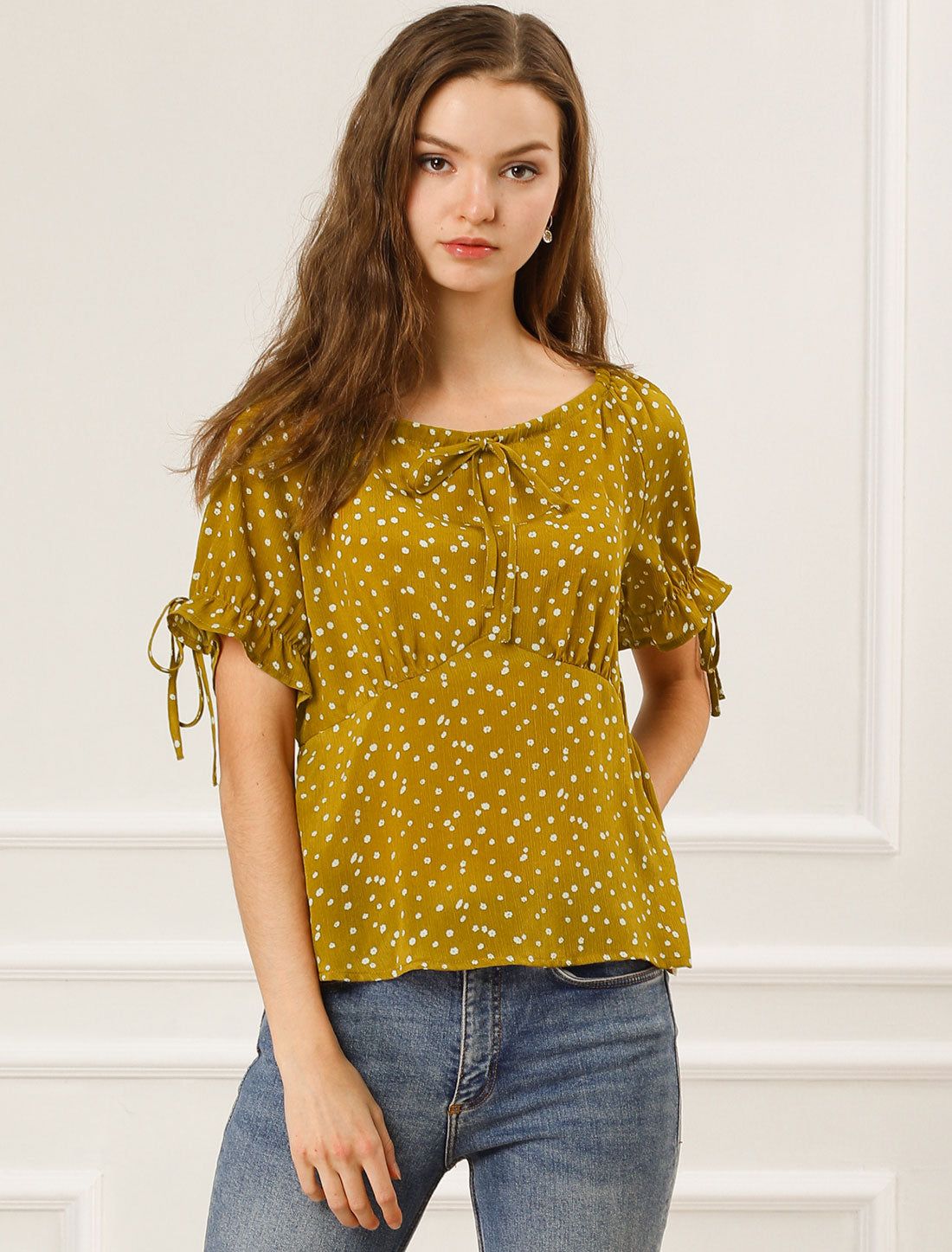 Ruffle Short Sleeve Casual Bow Tie Neckline Peplum Floral Blouse sold by Allegra K