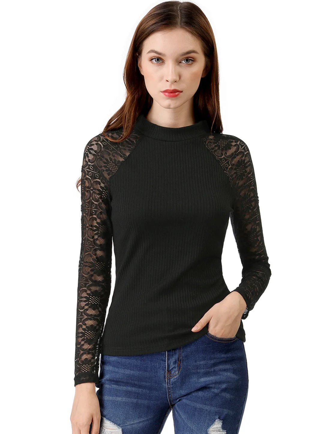 Lace Long Sleeve Fitted T-Shirt Casual Blouse Tops sold by Allegra K product image thumbnail 2