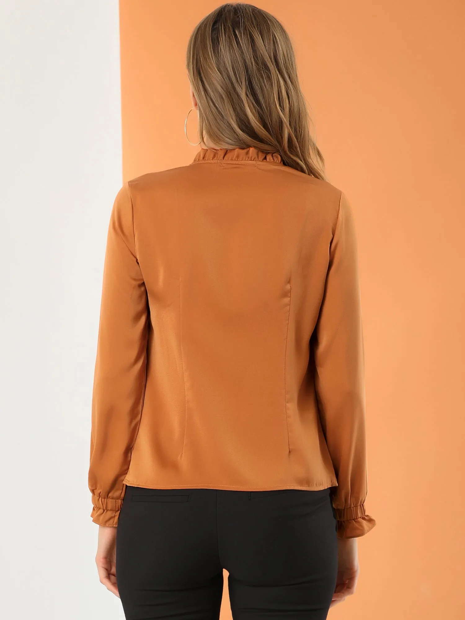 Elegant Ruffle Tie Neck Long Sleeve Work Office Satin Blouse Top sold by Allegra K product image thumbnail 5