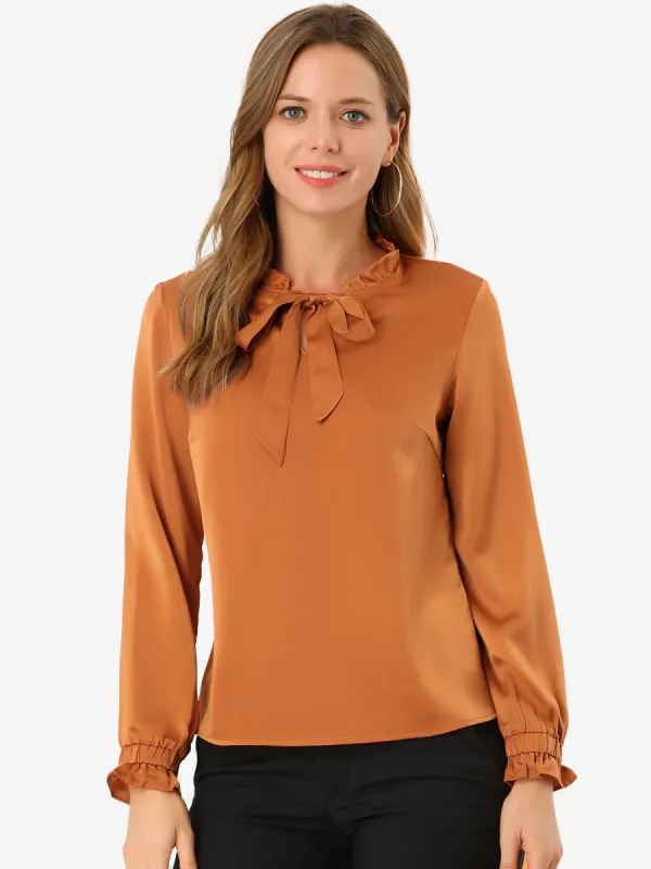 Elegant Ruffle Tie Neck Long Sleeve Work Office Satin Blouse Top sold by Allegra K