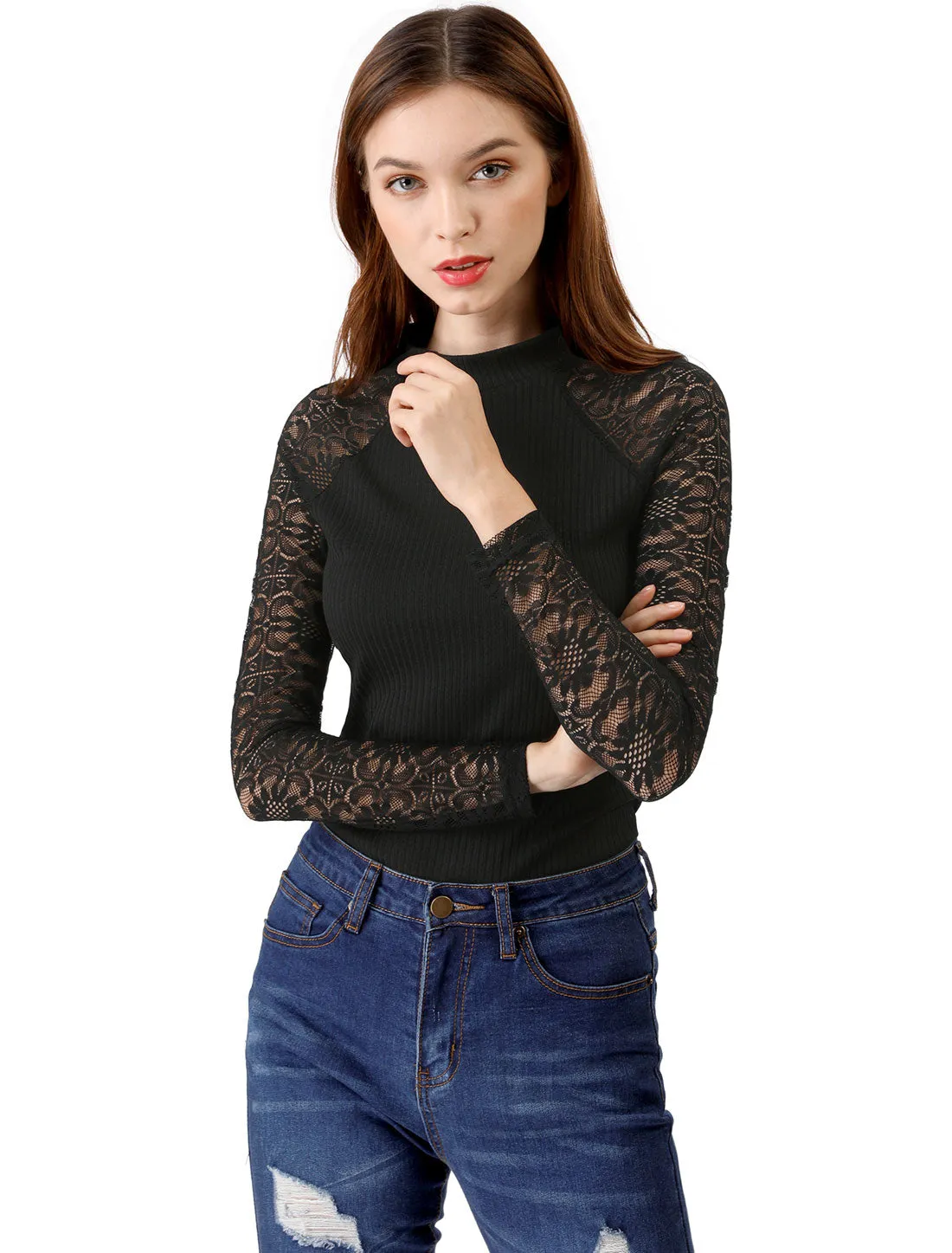 Lace Long Sleeve Fitted T-Shirt Casual Blouse Tops sold by Allegra K product image thumbnail 3