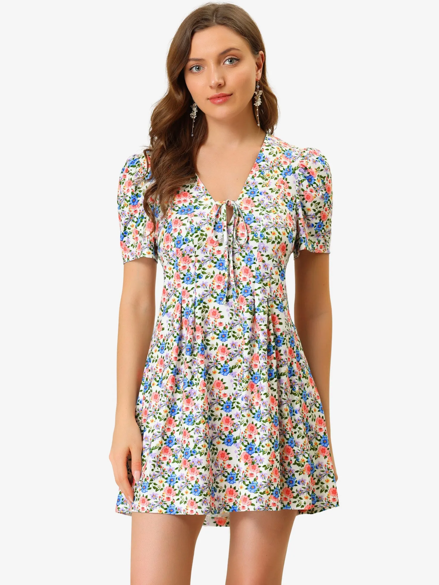 Summer V Neck Tie Front Puff Sleeve Floral Short Mini Dress sold by Allegra K