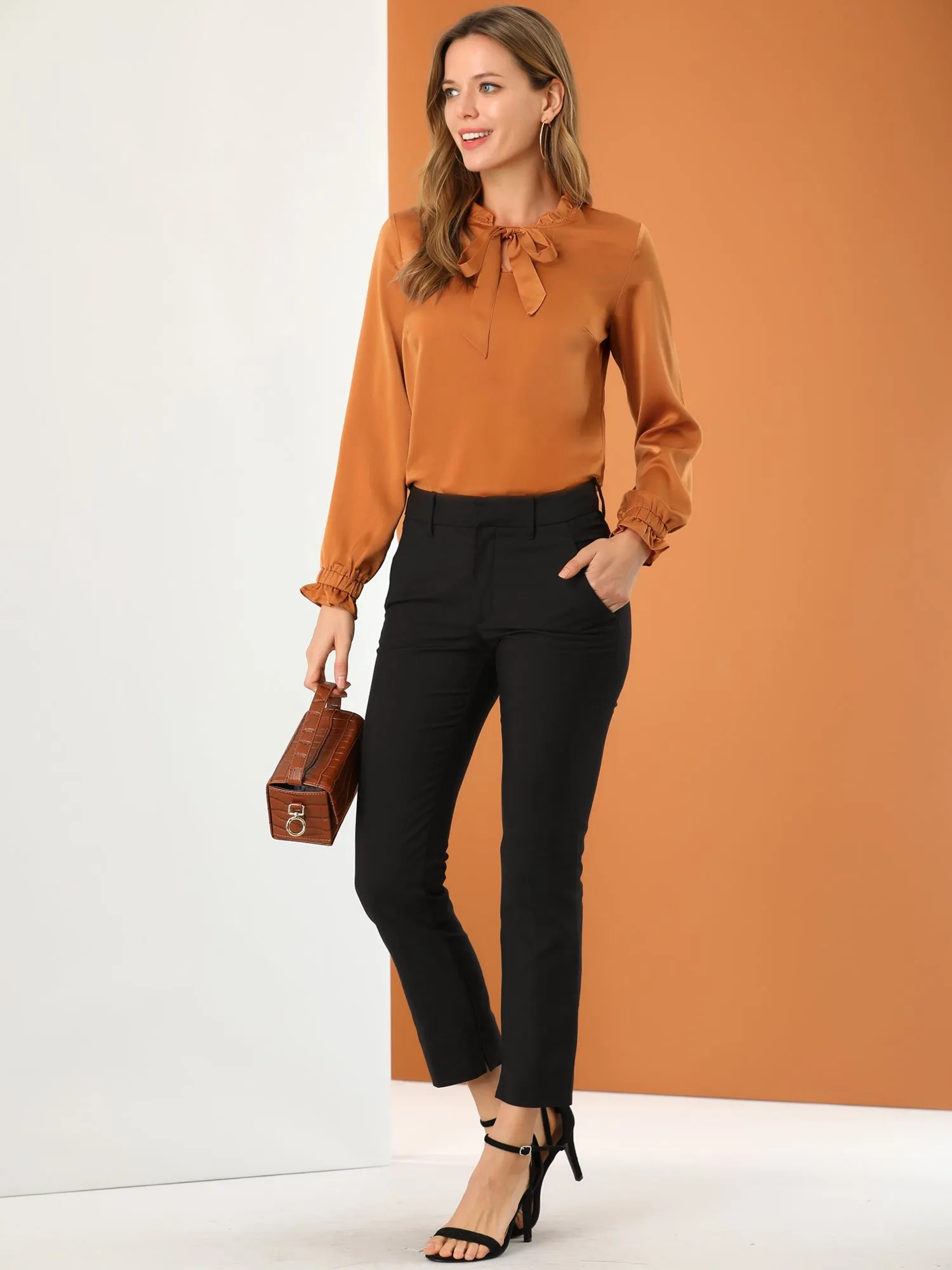 Elegant Ruffle Tie Neck Long Sleeve Work Office Satin Blouse Top sold by Allegra K product image thumbnail 3