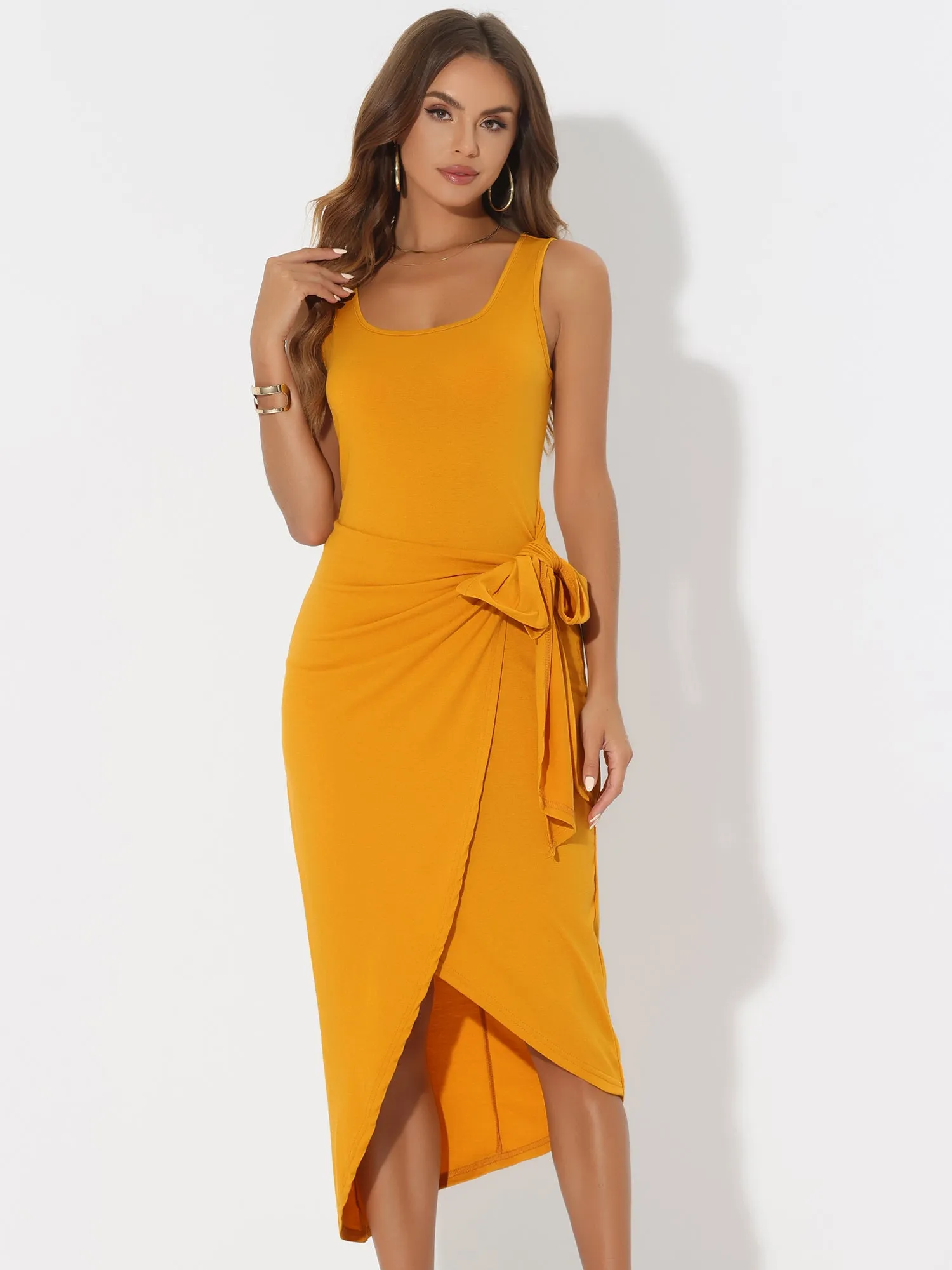 Sleeveless Scoop Neck Ruched Faux Wrap Tie Side Bodycon Midi Dress sold by Allegra K