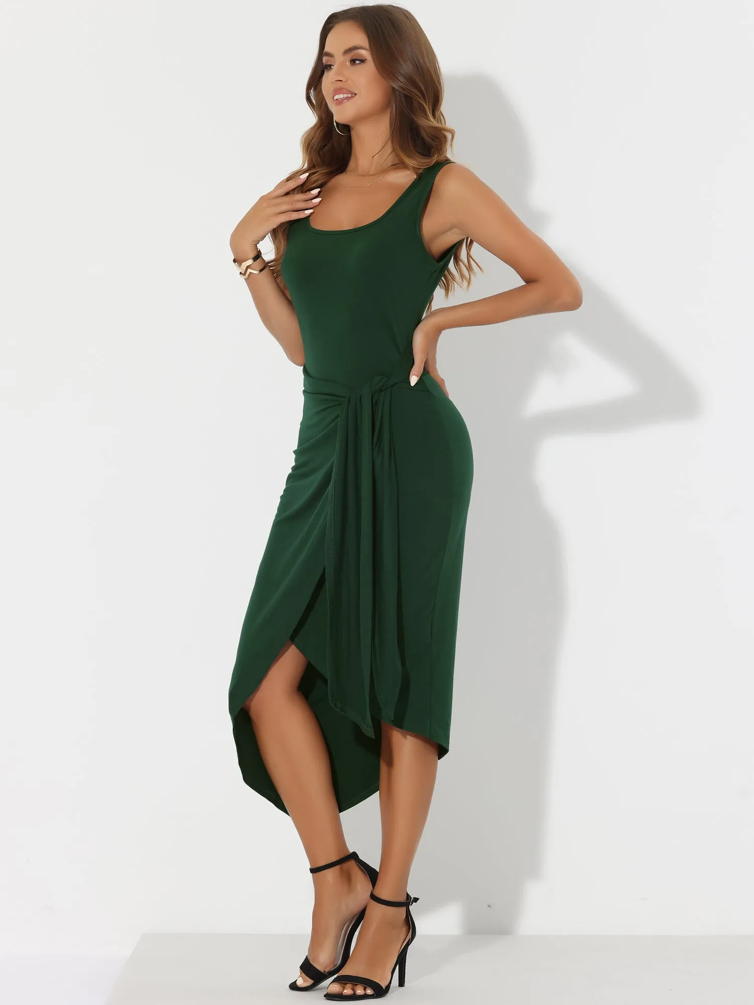 Sleeveless Scoop Neck Ruched Faux Wrap Tie Side Bodycon Midi Dress sold by Allegra K product image thumbnail 5