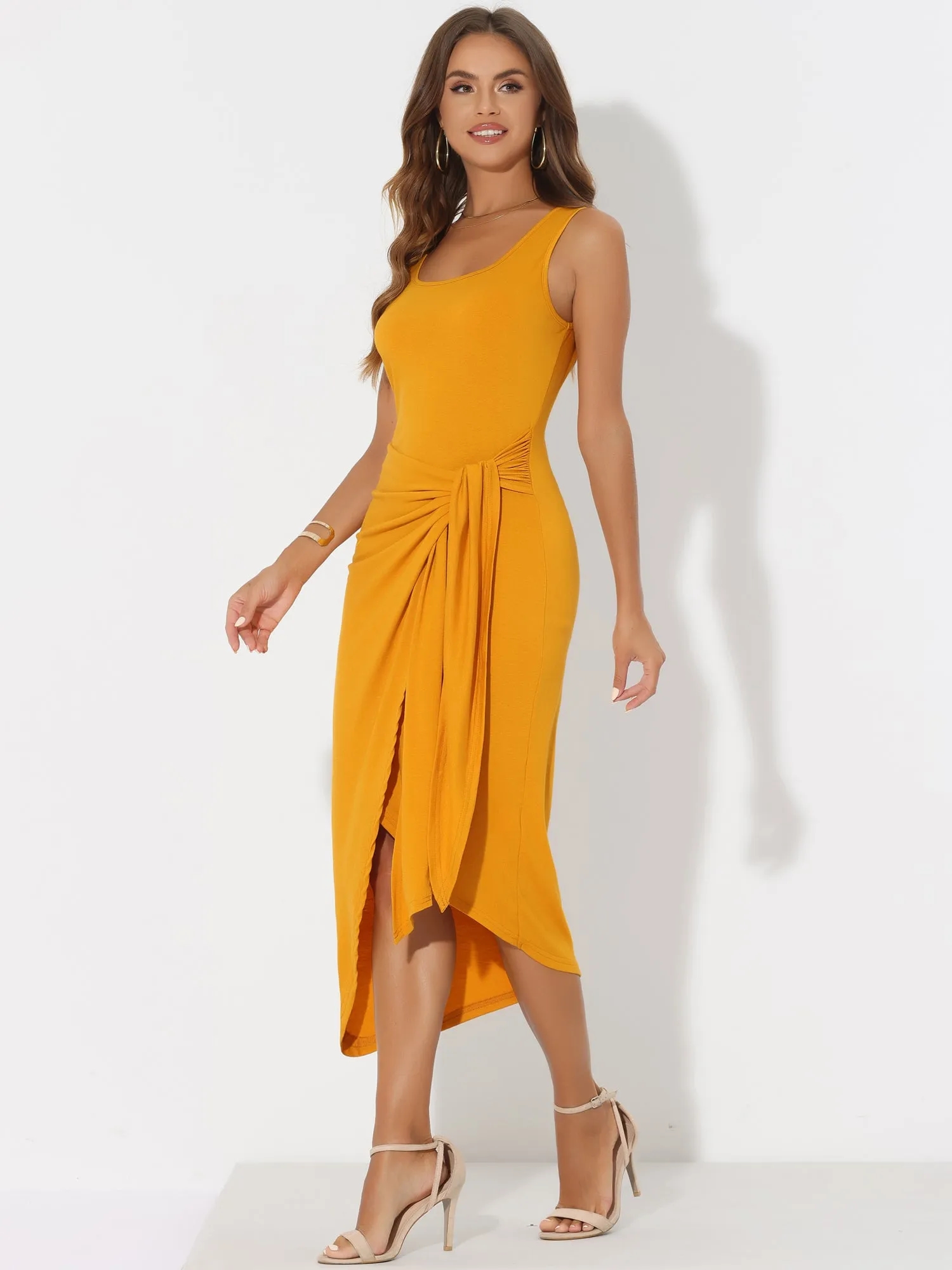 Sleeveless Scoop Neck Ruched Faux Wrap Tie Side Bodycon Midi Dress sold by Allegra K product image thumbnail 2
