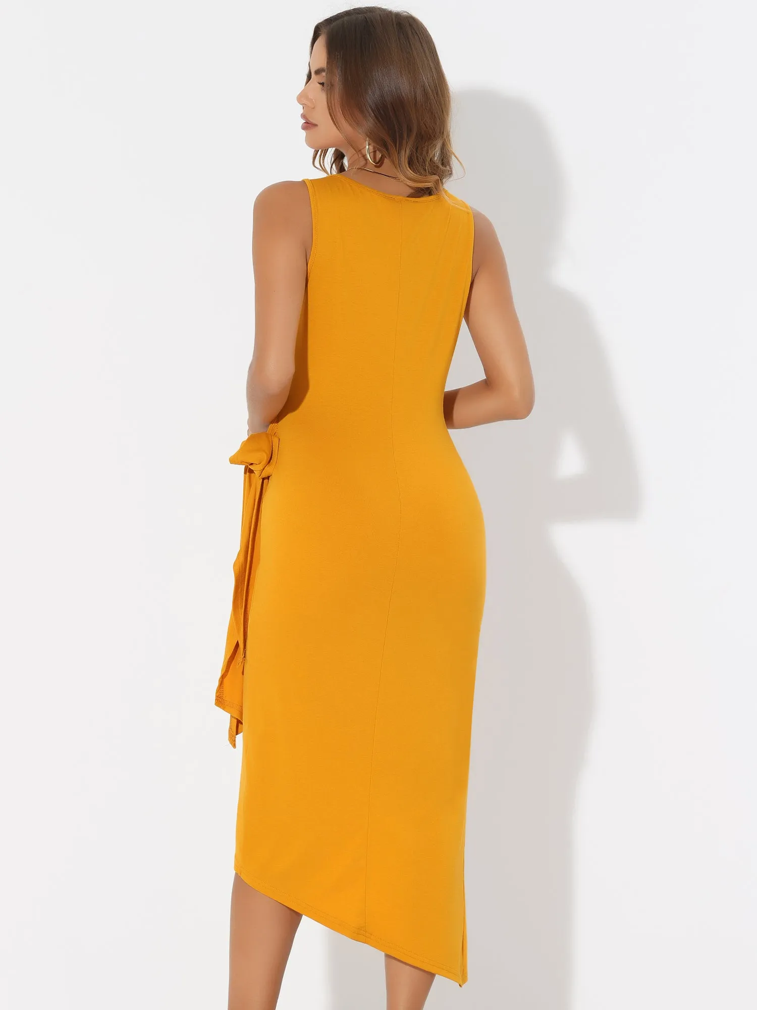 Sleeveless Scoop Neck Ruched Faux Wrap Tie Side Bodycon Midi Dress sold by Allegra K product image thumbnail 3