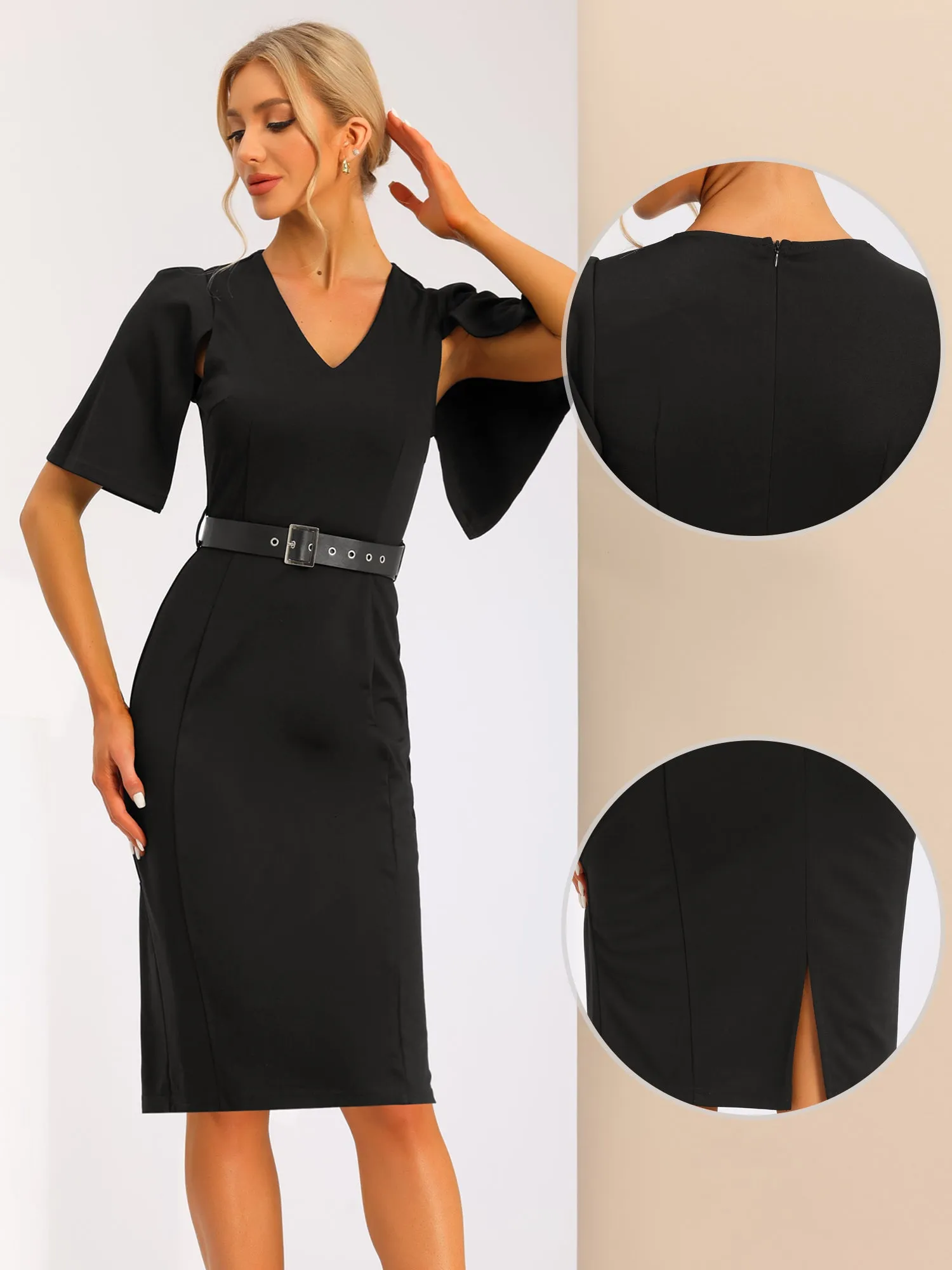Split Short Sleeve V Neck Elegant Midi Belt Solid Dress sold by Allegra K product image thumbnail 2