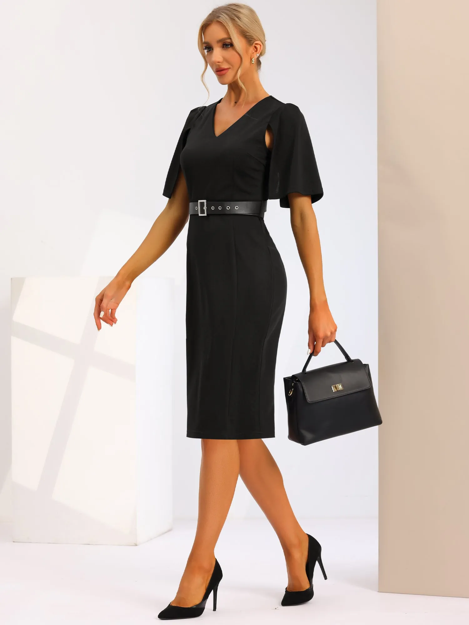 Split Short Sleeve V Neck Elegant Midi Belt Solid Dress sold by Allegra K