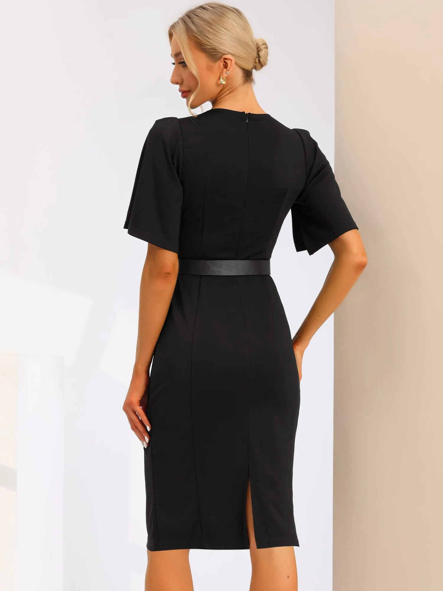 Split Short Sleeve V Neck Elegant Midi Belt Solid Dress sold by Allegra K product image thumbnail 3